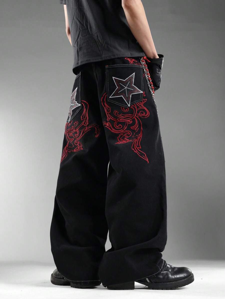 Men's Y2K Vintage Streetwear Jeans, Loose Wide Leg, Ripped Design, Back Pocket Embroidery, Fashion & Comfortable (Belt And Accessories Not Included) - Black - View 1