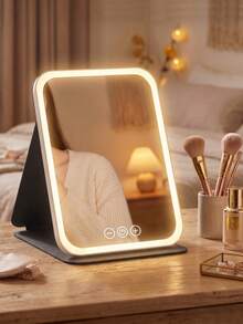 LED 化妆镜 - 3 种颜色灯光模式（白光/自然光/暖光），USB 充电式化妆镜，亮度可调，便携式折叠设计，适合居家、旅行和宿舍使用，是送给女性的完美圣诞节、生日、母亲节礼物（电池容量：350mAh/600mAh） - 彩色 - 查看 1