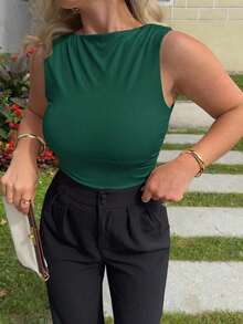 Top de tirantes casual con cuello plisado de unicolor para mujer, de verano - Verde Oscuro - Ver 3