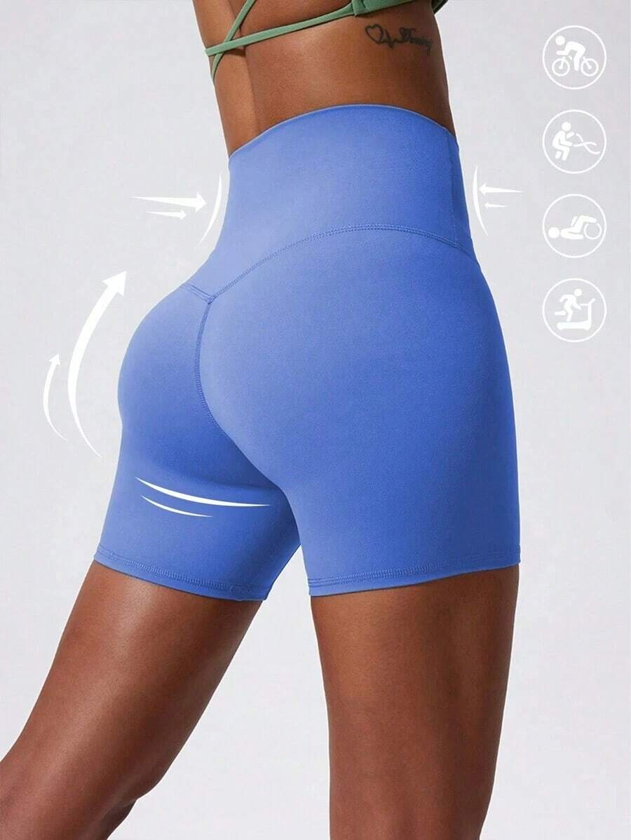 1 pieza Pantalones cortos de yoga elásticos de color nude, adecuados para correr, fitness, ciclismo y otros deportes, pantalones cortos ajustados transpirables y de secado rápido para mujeres en color negro - Azul - Ver 1