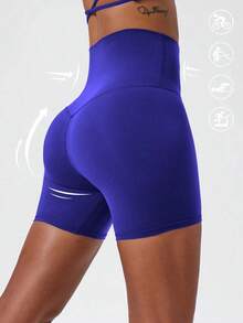 1 pieza Pantalones cortos de yoga elásticos de color nude, adecuados para correr, fitness, ciclismo y otros deportes, pantalones cortos ajustados transpirables y de secado rápido para mujeres en color negro - azul real - Ver 2