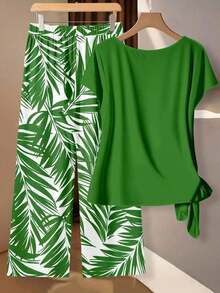 Clasi Conjunto de 2 piezas de blusa con moño elegante y minimalista en color rosa, combinada con pantalones de pierna ancha con estampado floral, adecuado para el verano - Multicolor 2 - Ver 3