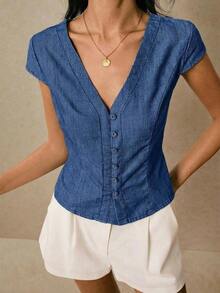 Blusa de mezclilla de manga corta con botones y lazo en la cintura, blusa de mezclilla casual de cuello en V, para uso diario, estilo campestre, streetwear lindo, Y2K, Old Money, negocios - Azul lavado oscuro - Ver 7