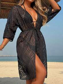 Vestido playero de manga larga con hombros descubiertos y cinturón en la cintura, de color sólido y jacquard, para mujer, negro, para vacaciones de verano. - Negro 2 - Ver 9