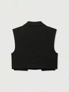 Chaqueta de chaleco con solapa y decoración de solapa de unicolor casual para mujer, primavera - Negro - Ver 2