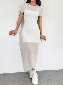 Vestido Mini De Malla Bodycon - Blanco - Ver 6
