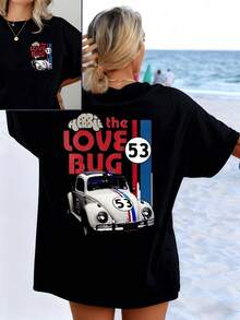Classic Car Number 53 With Blue And Red Stripes Evoking Speed, Freedom And Nostalgia On The Road. Modern And Comfortable Double-Print Women's T-Shirt - 黑色 - 查看 8
