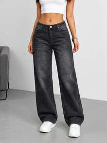 Casual Daily Wear Low Waist 90's Gray Denim Wide Leg Jean - Dark Wash - View 2