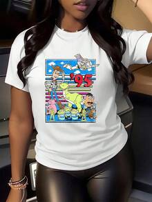 Colorful Graphic Featuring Animated Toy Characters And The Number 95, Evoking Friendship, Adventures, And Childhood Nostalgia In A Vibrant Retro Style. Comfortable, Soft, Casual Fit Women's T-Shirt, Ideal For Everyday Wear. - 白色 - 查看 2