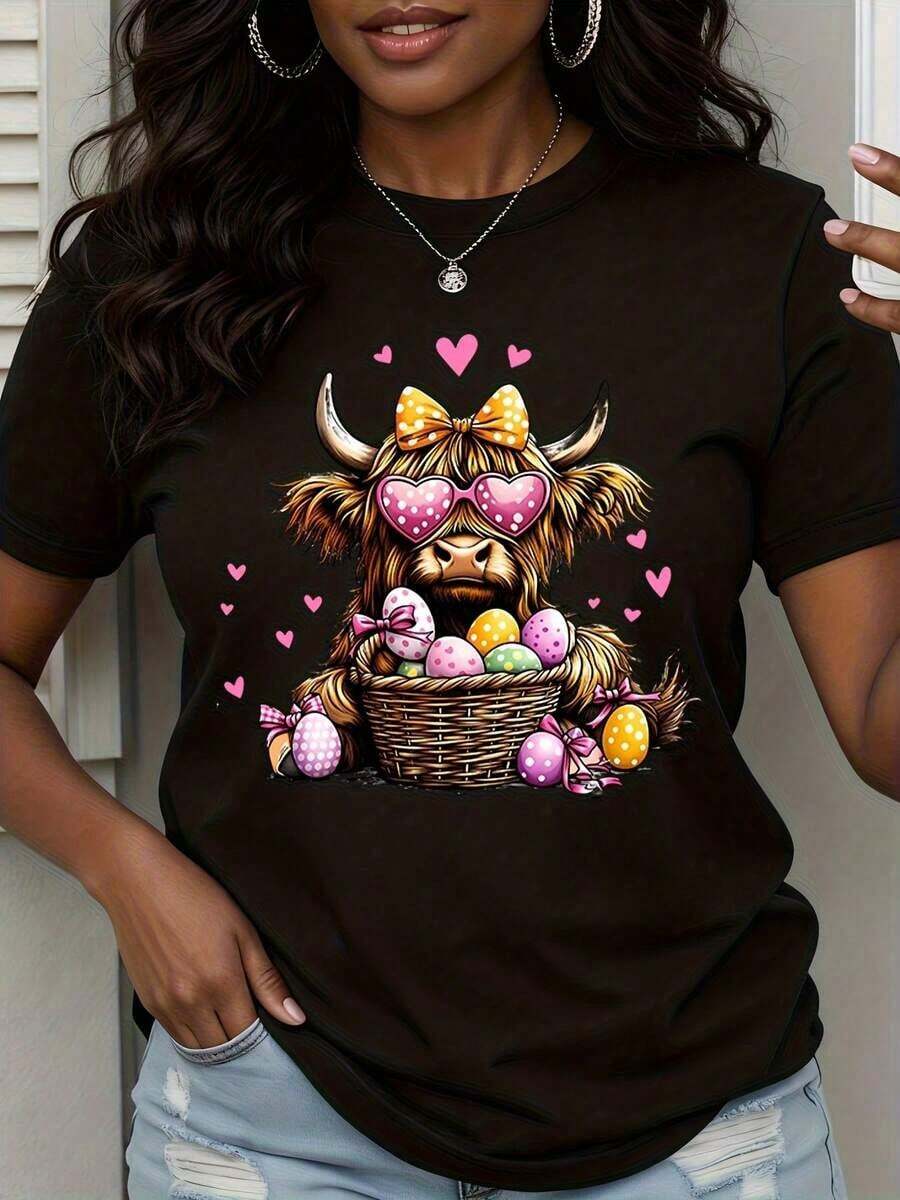 1 Piece Women's Easter Highland Cow Print T-Shirt With Heart Glasses And Easter Egg Basket, Cute Spring Animal Print Graphic Tee, Fun Festive T-Shirt, 180g 100% Cotton - 黑色 - 查看 1