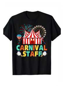 Carnival Printed T-Shirt - Circus Tent And Fireworks Print T-Shirt For Birthday/Circus Party - Soft Crew Neck T-Shirt, Suitable For Carnival Events, Halloween, Christmas. - Interesting Costume Gift Ideas For Holiday Staff - Casual Regular Fit T-Shirt, Sportswear, Fun Design, All-Season Fabric, Suitable For Teenagers. Perfect For Everyday Wear. Clothing Set & Gift, Circus T-Shirt, Perfect For Holidays & Playtime, Great For Parties & Family Holiday And Party Sets, Summer Set, Attractive Weather Wear - 黑色 - 查看 7