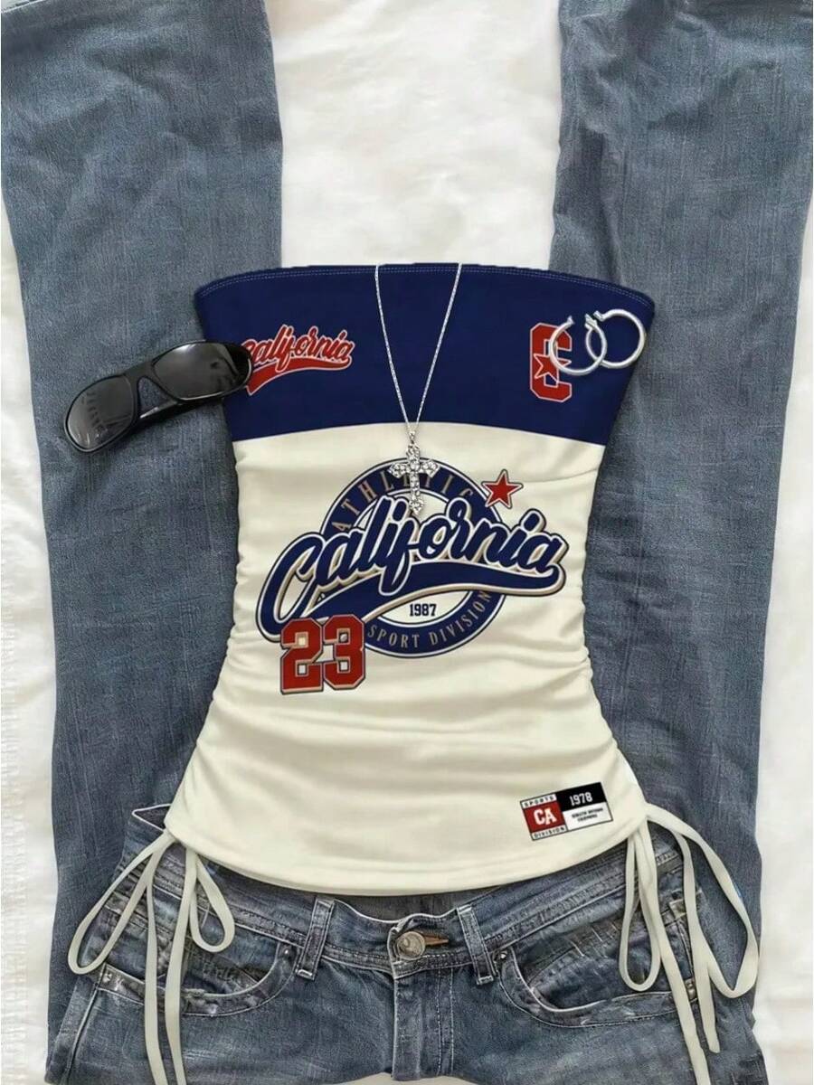 Top corto, top sin mangas con cordón ajustable en la parte delantera y corte entallado para mujer, top deportivo con tiras y estampado moderno para verano - múltiple - Ver 1