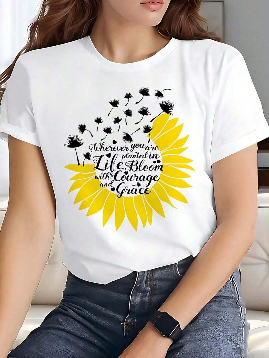 Women's White T-Shirt With Sunflower Graphic And Motivational Phrase, Floral Aesthetic Short Sleeve T-Shirt, Modern Top Of Positivity And Courage, Casual Summer Blouse With Flower - 白色的 - 查看 1