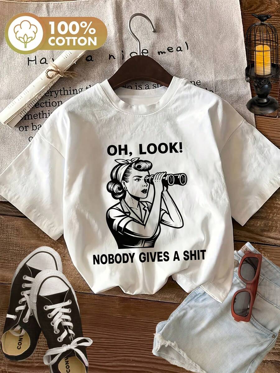 Women's Personalized T-Shirt For Spring/Summer, Vintage Style With Binoculars Print, Short Sleeve, Round Neck, Pure Cotton - Unisex Vintage Urban Style T-Shirt, Loose Fit, Cotton, Short Sleeve And Round Neck - 白色 - 查看 1
