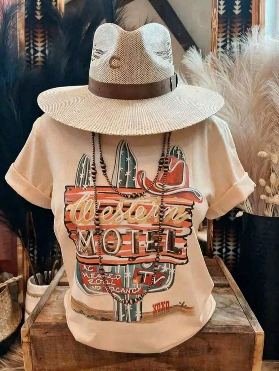 Women's T-Shirt With Vintage Western Design - Soft And Breathable Cotton For Everyday Casual Wear And Theme Parties - Nostalgic White Motel Design Top - Machine Washable, Everyday Essential, Summer Party Outfit - 杏 - 查看 1