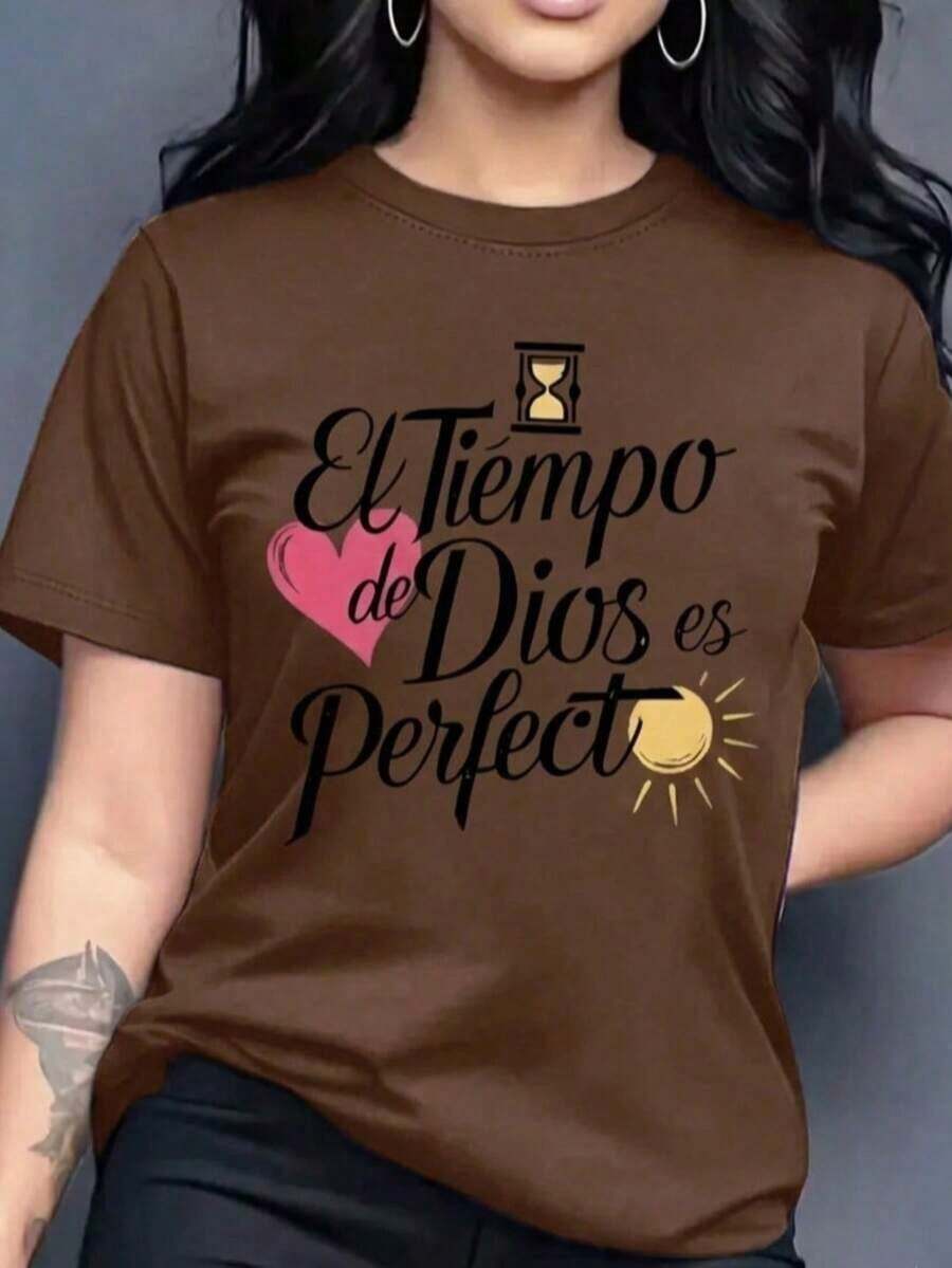 Playera camiseta gráfica dama mujer manga corta cuello redondo básica cómoda fresca ligera moderna juvenil casual estampado frase religiosa tiempo de dios es perfecto letras cristiana corazón - Café integral - Ver 1