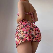Traje de baño de dos piezas para mujer, bikini metálico en forma de U, traje de baño estampado de tres piezas - Azul - Ver 3