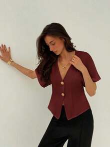 Camisa blanca sólida con mangas de murciélago, doble botonadura y frente abierto elegante - Burdeos - Ver 5
