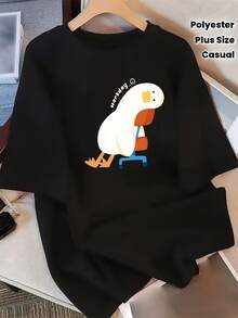 Plus Size - Women's Casual Crew Neck T-Shirt With Cartoon Duck Print, "Work Day" Text, And Colorful Stripes - Soft Polyester Fabric, Short Sleeve, All-Season Comfort, Casual Wear | Playful Print | Stretchy Material - 黑色 - 查看 7
