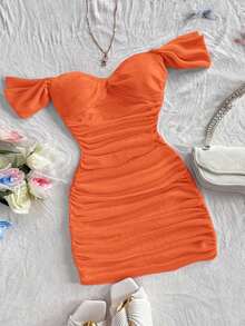 Vestido mini ajustado de punto rojo con hombros descubiertos para mujer, diseño con espalda calada, adecuado para vacaciones, citas, té de la tarde, temporada de bodas, playa, crucero, vacaciones en la ciudad, vacaciones bohemias, festivales de - Naranja Quemada - Ver 1