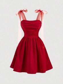 Vestido corto de mujer con estampado de teñido anudado, hombros fruncidos y diseño de nudo a la moda - Rojo - Ver 1