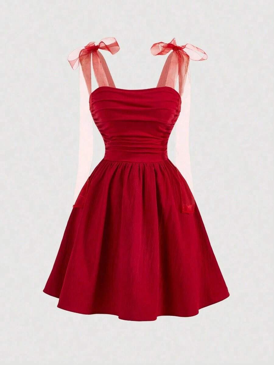 Vestido corto de mujer con estampado de teñido anudado, hombros fruncidos y diseño de nudo a la moda - Rojo - Ver 1