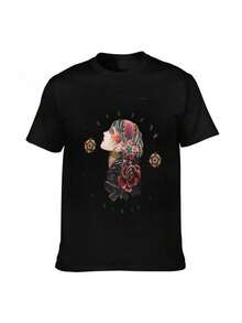 Men's And Women's Casual Short-Sleeved T-Shirt With Sugar Skull And Rose Print, Vintage Tattoo Style. - 黑色 - 查看 1