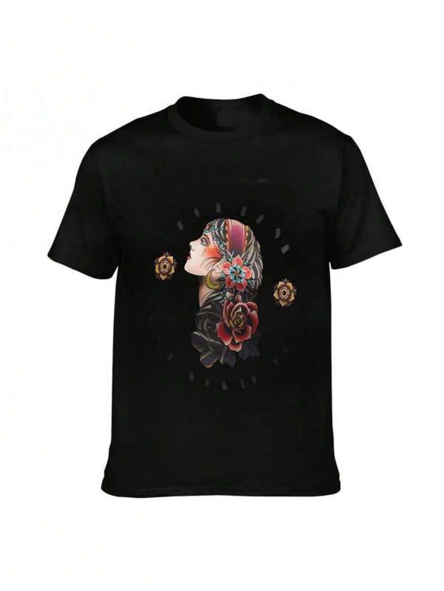 Men's And Women's Casual Short-Sleeved T-Shirt With Sugar Skull And Rose Print, Vintage Tattoo Style. - 黑色 - 查看 1