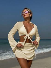 New Four-Piece Swimsuit In Solid Color, Sexy,  Style, Ideal For Summer Beach Vacations. - Apricot - View 12