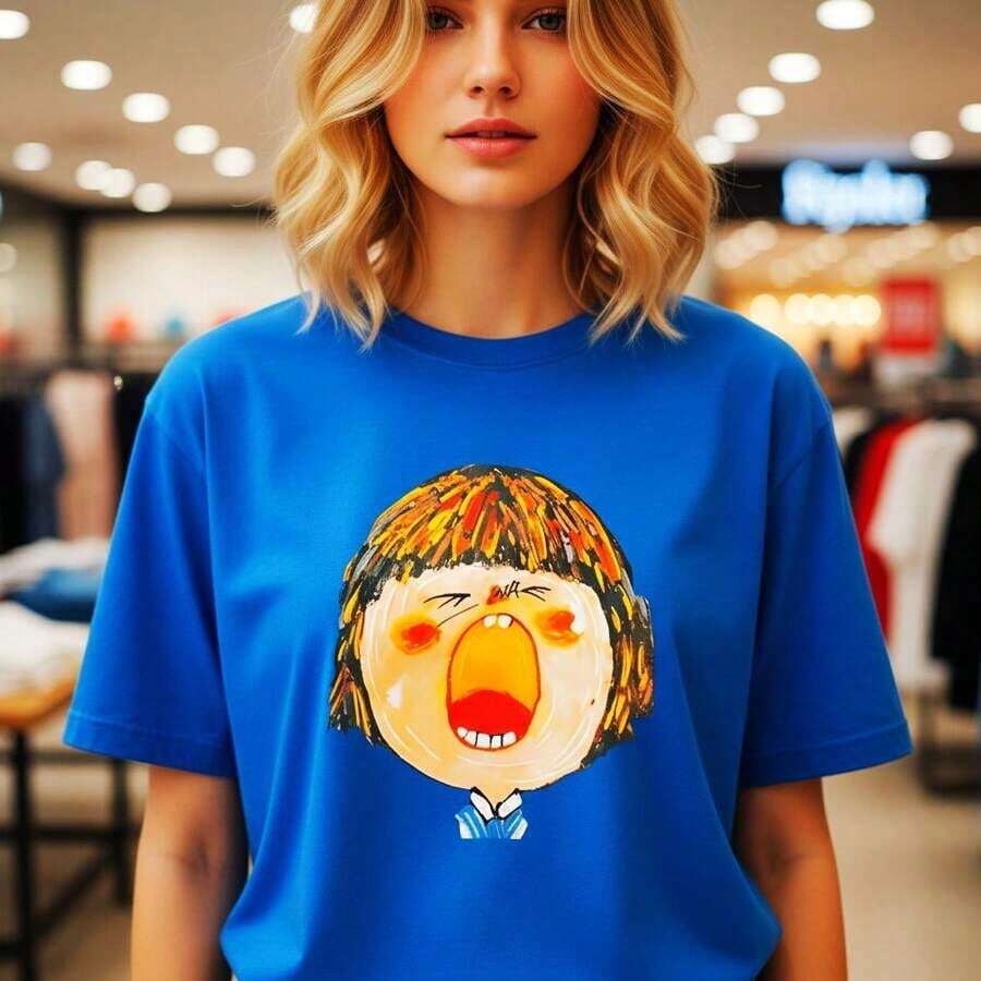 Camiseta de algodón puro de talla grande para mujer con estampado de chica de dibujos animados abstractos, cuello redondo, manga larga, estilo casual, corte holgado, diseño gráfico, tallas S-5XL, tela suave y transpirable, moda para uso diario, diseño artístico, adecuada para primavera, verano y otoño. - Azul - Ver 1
