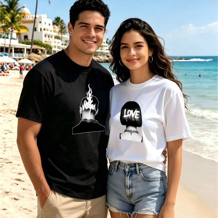 2-Piece Couple Matching Pattern T-Shirt, 100% Cotton, Loose Fit, Soft And Breathable, Casual Round Neck Short Sleeved Top Day Of The Dead Artwork Versatile Patterns No Picky Combinations Coordinated Dating Casual Travel Simple And Cartoonish Printing Styles High Cost-Effectiveness Couple Lovers - 黑色 - 查看 1