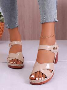 Vintage PU Leather Rivet Inlaid Chunky High Heel Open Toe Sandals, Spring/Summer - Khaki - View 6