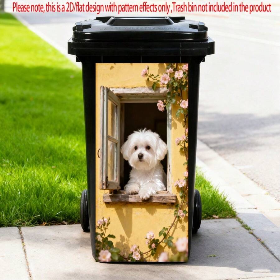 1pc 2D Flat Window Sticker Bichon Frise Dog Trash Can Sticker, Waterproof Outdoor Trash Can Sticker, Self-Adhesive Wall Paper Home Decor, Kitchen Decor, 2D Flat Style - Style 1 - View 1