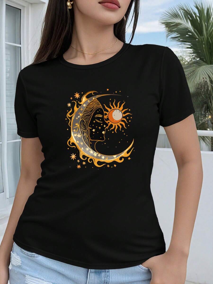 Unisex Short-Sleeve T-Shirt, Women's Regular Fit Short-Sleeve T-Shirt - Features A 2D Geometric Print Of An Intricate Interlocking Moon And Sun Pattern. Casual Crew Neck T-Shirt Suitable For All Seasons. Available In Various Colors And Sizes. A Fashionable Holiday Piece. Men's T-Shirts, , Women's, Romwe Men, Boho Chic, Teacher Gifts, Women's T-Shirt, Curvy Sets For Women, Y2K. - 黑色 - 查看 1