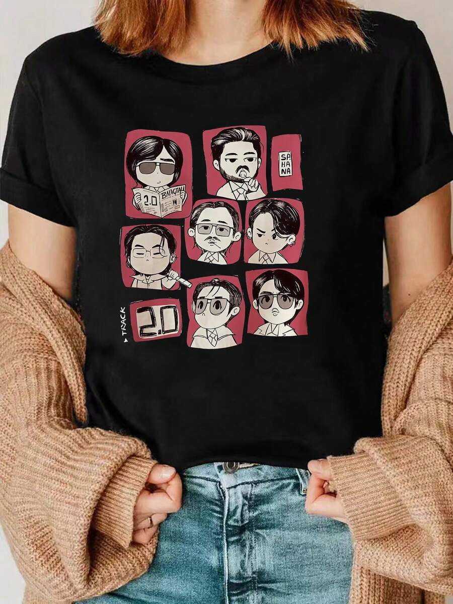 Unisex Short-Sleeved T-Shirt, Fashionable Style For Women Spring/Summer, Basic Short-Sleeved T-Shirt With Red Background And Black And White Line Art Of A Q Version Character On The Chest, Retro Comic Book Style, Simple And Atmospheric Color Scheme. Model Paired With Cardigan And Jeans. Men's T-Shirts, , Women's, Romwe Men, Boho Chic, Teacher Gifts, Women's T-Shirt, Curvy Sets For Women, Y2K. - 黑色 - 查看 1