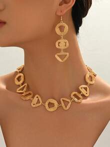 1 Set Fashionable Classic Luxury Minimalist High-End Textured Hollow Geometric (Circle/Square/Triangle) Necklace + Earrings Jewelry Set, Versatile For Women Daily, Date, Party - Yellow Gold - View 1