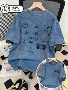 Camiseta casual para mujer talla grande, estilo de vacaciones con estampado de coche de doble cara, cuello redondo lavado retro, adecuada para viajes cotidianos, verano, camiseta gráfica - Azul - Ver 3