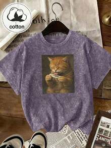 Camiseta de manga corta con estampado de gato interesante, top de diseño exclusivo y lindo, camiseta para mujer de talla grande, camiseta de algodón lavado, ropa casual de talla grande para mujer, tela con estampado de copos de nieve, top casual de cuello redondo cómodo de talla grande, camiseta vintage desgastada, ropa de mujer de talla grande, ropa de primavera/verano - morado medio - Ver 4