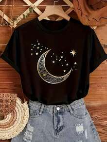 Women's Casual Graphic T-Shirt With Moon And Stars Design - Short Sleeve, Crew Neck, Lightweight, All-Season Top With Detailed Celestial Design, Summer Casual Wear | Celestial Theme | Lightweight Top - 黑色 - 查看 1