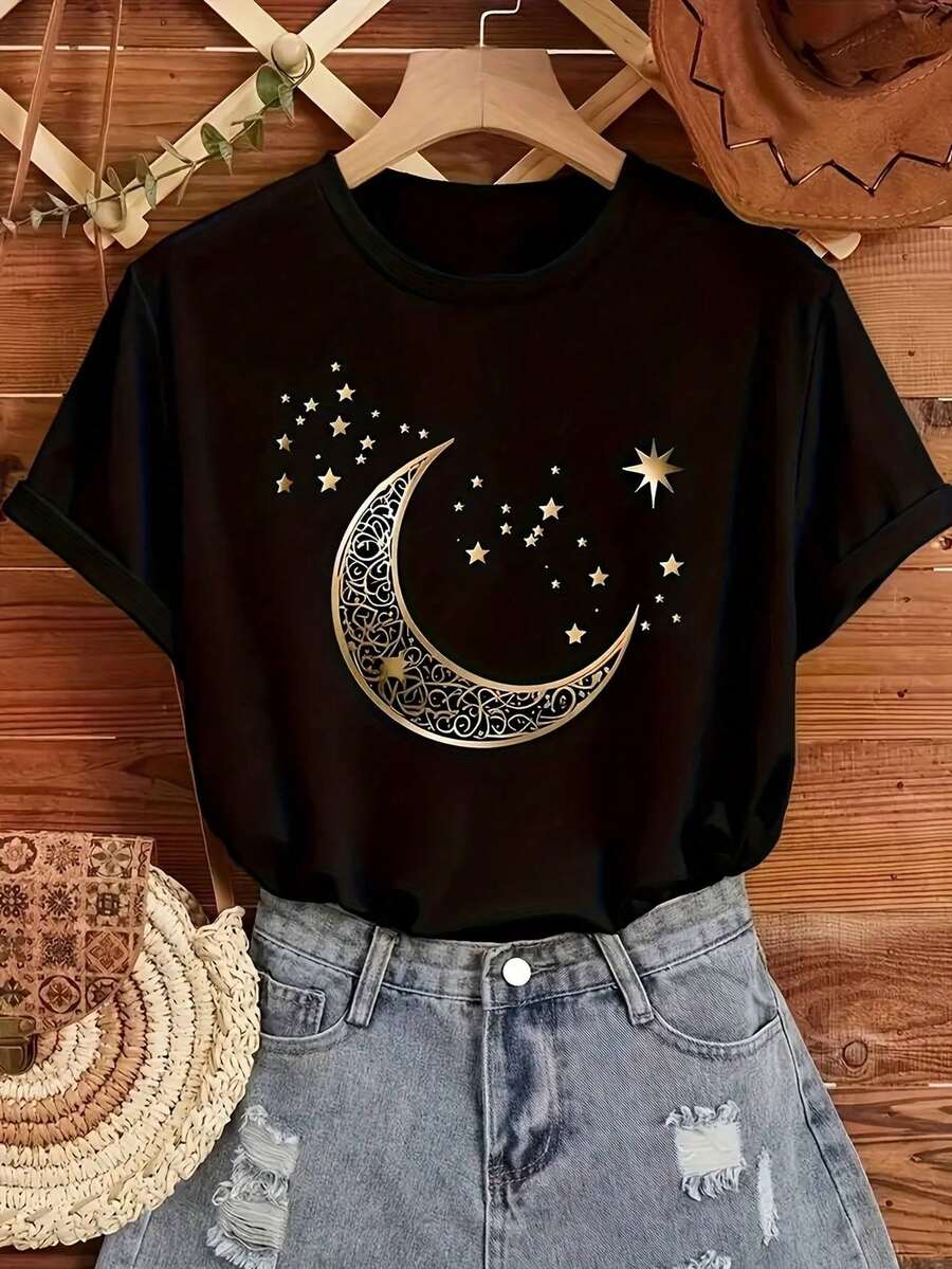 Women's Casual Graphic T-Shirt With Moon And Stars Design - Short Sleeve, Crew Neck, Lightweight, All-Season Top With Detailed Celestial Design, Summer Casual Wear | Celestial Theme | Lightweight Top - 黑色 - 查看 1