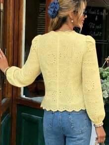 Blusa negra bordada con ribete de encaje, botón de seta, cintura fruncida, forrada, manga larga con puño elástico, versátil para uso diario, casual, apropiada para trabajo, playa, vacaciones, primavera/verano/otoño - Amarillo - Ver 5