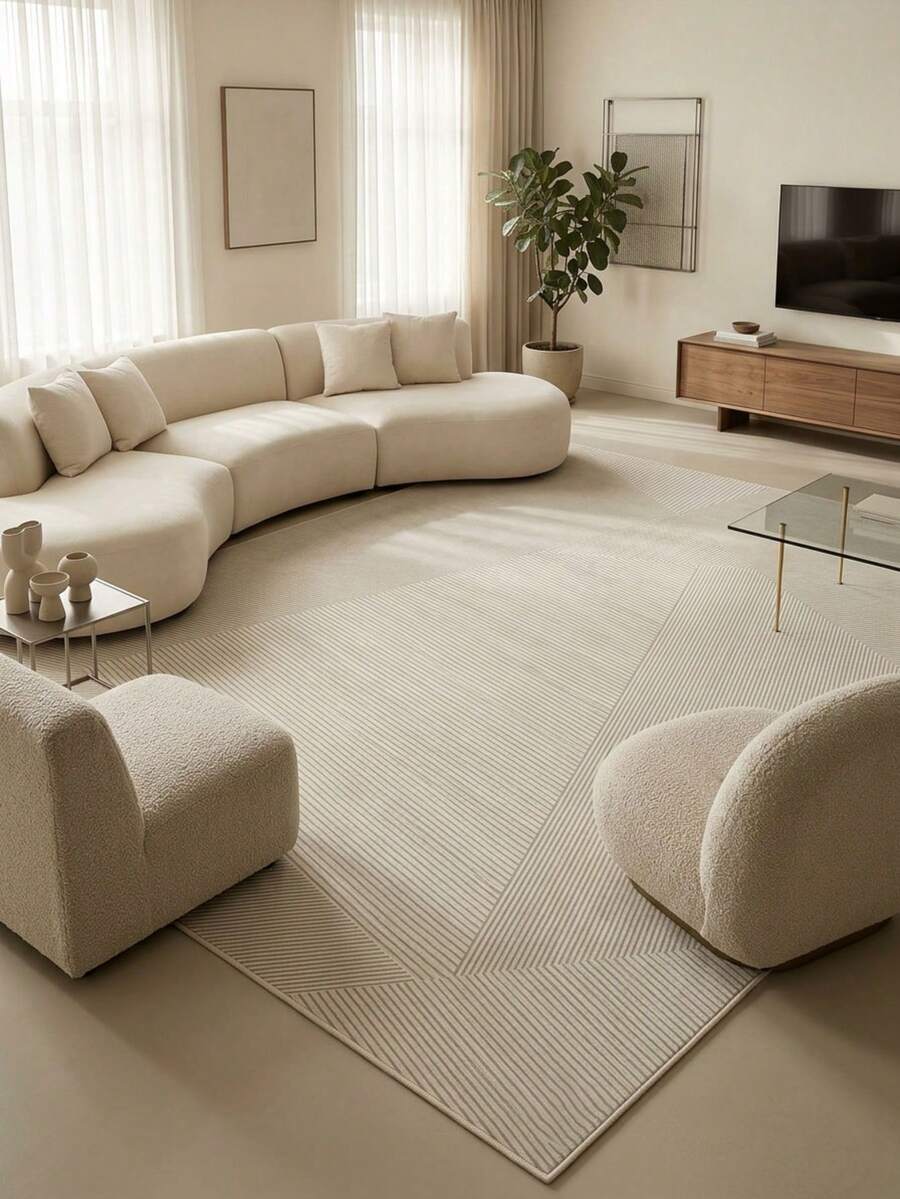 1pc European Geometric Line Pattern - Luxury Modern Minimalist Cream Rug, Machine Washable Soft Area Carpet, Rectangular, Short Pile, Machine Made, Suitable For Living Room, Bedroom, Office, Game Room, Study, Indoor/Outdoor Entrance, Home Decor, Christmas Decoration - Multicolor - View 1