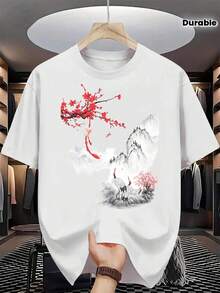 Camiseta de hombre con diseño de paisaje oriental con flores de ciruelo rojo y grullas, que presenta un estampado de pintura a tinta duradero y elegante - Estilo callejero vintage, unisex, de algodón, manga corta, cuello redondo y corte holgado. - Blanco - Ver 7