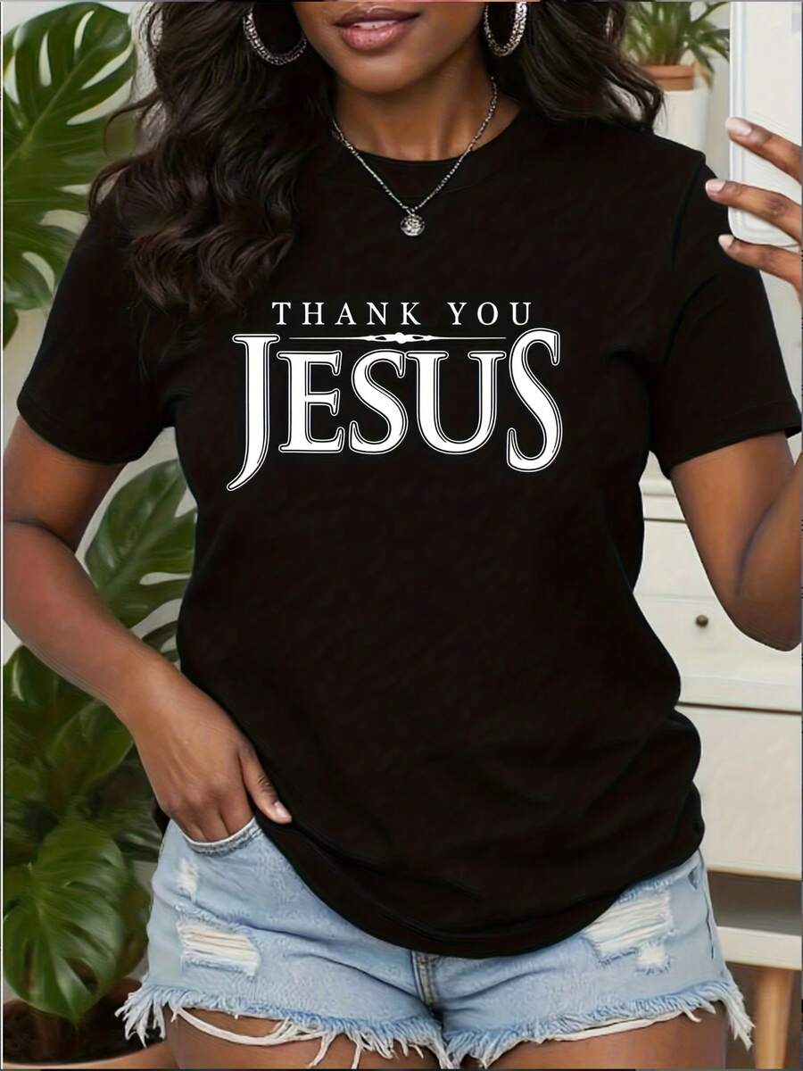 Women's 100% Cotton T-Shirt, Loose And Casual Style, Short Sleeves With "THANK YOU JESUS" Print, Round Neck, Machine Washable, Comfortable, Soft, Breathable, Suitable For Spring, Summer, And Autumn. Loose, Casual, Fashionable, Ideal For Everyday Wear, Simple And Versatile. - 黑色 - 查看 1
