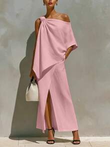 Summer Outfits For Women, Off Shoulder Top Matched Midi Skirt Linen Cotton Two Piece Set, Casual - 白色 - 查看 10