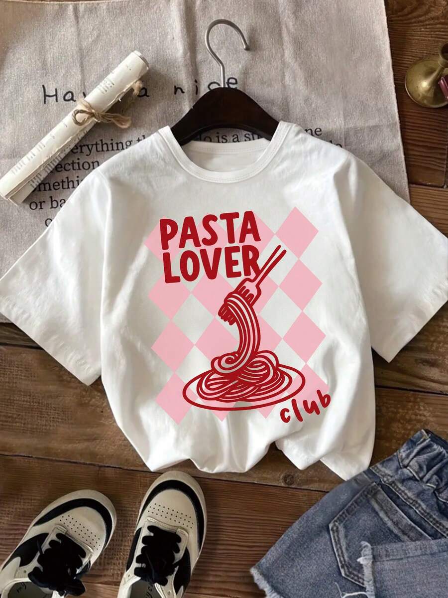Girls' Casual Short-Sleeve "Pasta Lovers" T-Shirt, Soft And Comfortable Round Neck, Ideal For Summer Outings, Creating A Stylish Look, Children's Clothing, Summer Clothes For Girls - 白色 - 查看 1
