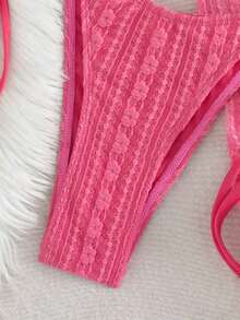 Conjunto de bikini de 3 piezas con tapa de falda, estilo de vacaciones en la playa, para mujer, con bikini halter sin espalda y encaje sexy - Rosado Sandía - Ver 7