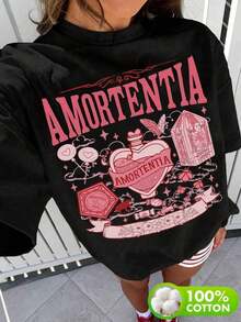 Ropa de Mujer, Camiseta de Primavera y Verano con las Palabras 'AMORTENTIA' y Elementos Mágicos Relacionados Impresos, Material, Lavable a Máquina, Moda de Primavera, Ropa Casual, Diseño Mágico, Tela de Algodón Puro, Textil Duradero, Camiseta Básica, Camiseta de Cuello Redondo, Jóvenes Mujeres, Entusiastas de la Moda Urbana - Negro - Ver 1
