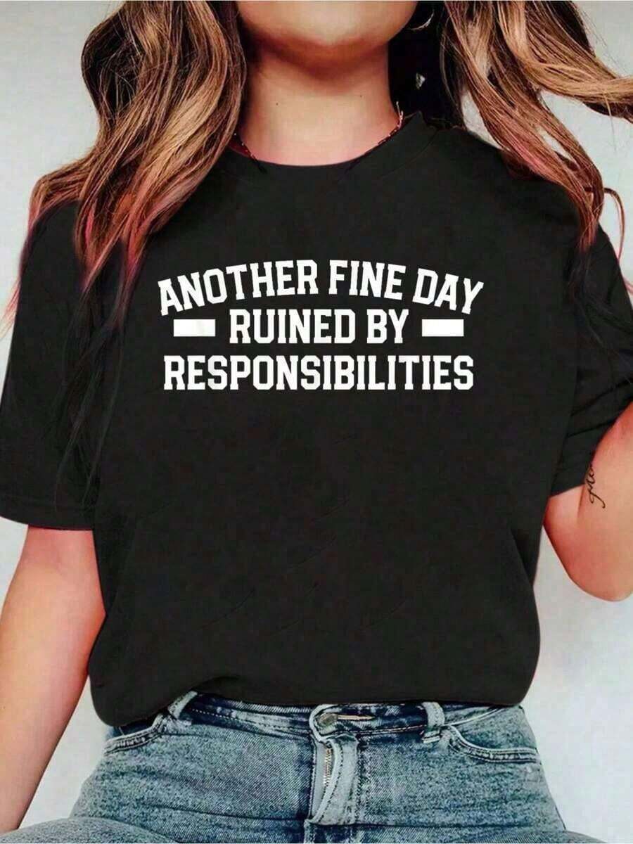 Funny Casual T-Shirt For Adults, Casual Printed Crew Neck T-Shirt, Short Sleeve Sports T-Shirt, Women's Clothing, Smart Casual/Urban Style - 黑色 - 查看 1