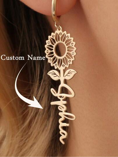 Pendientes personalizados con nombre de girasol, pendientes con nombre personalizado para damas. Joyería para damas, accesorios de joyería de verano, accesorios de playa para damas, pendientes de flor de girasol con nombre de moda, regalos de graduación, regalos de amistad